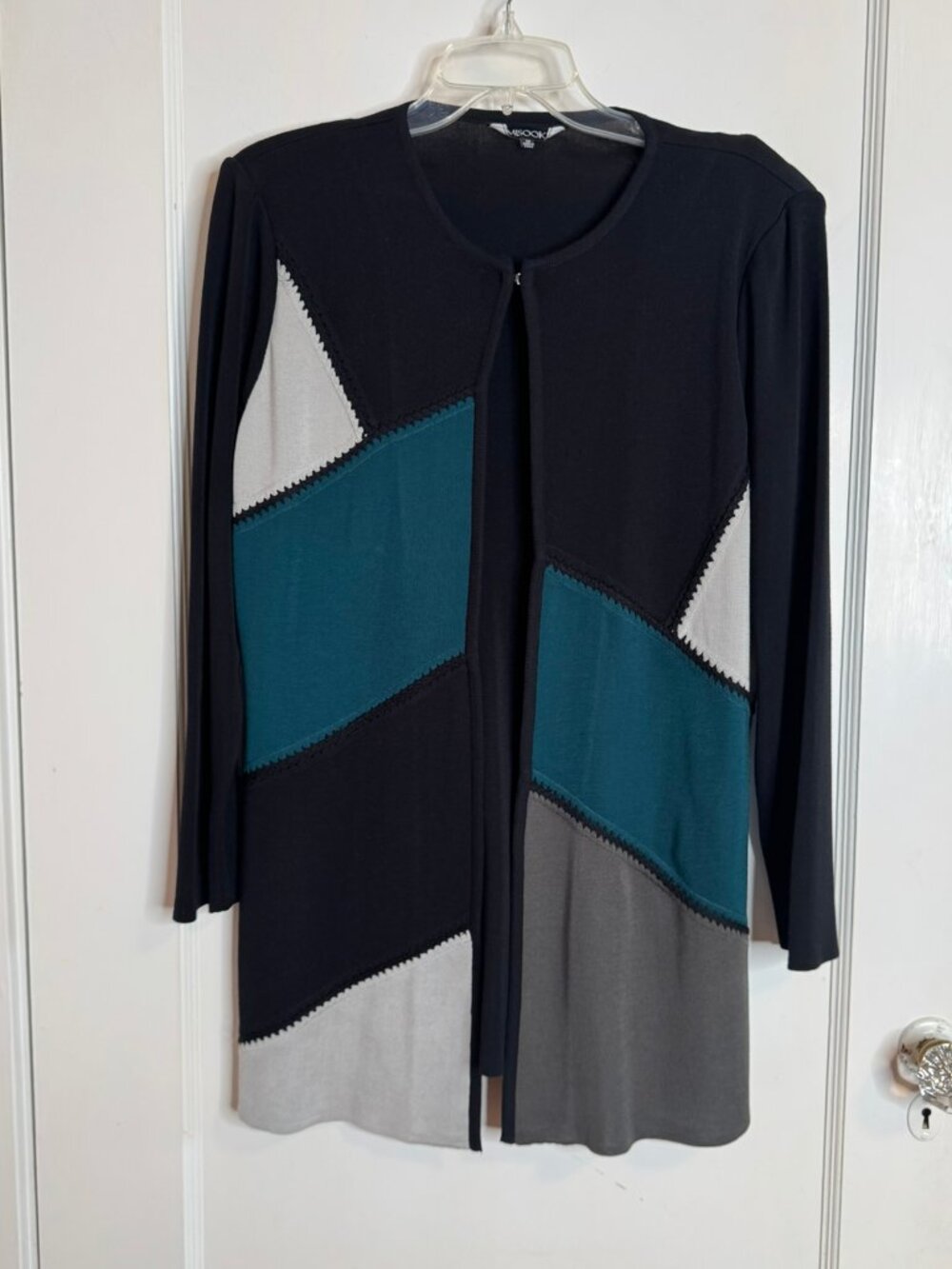 Misook Colorblock Knit Open Cardigan Sweater Whip Stitch Blue Black White sz M